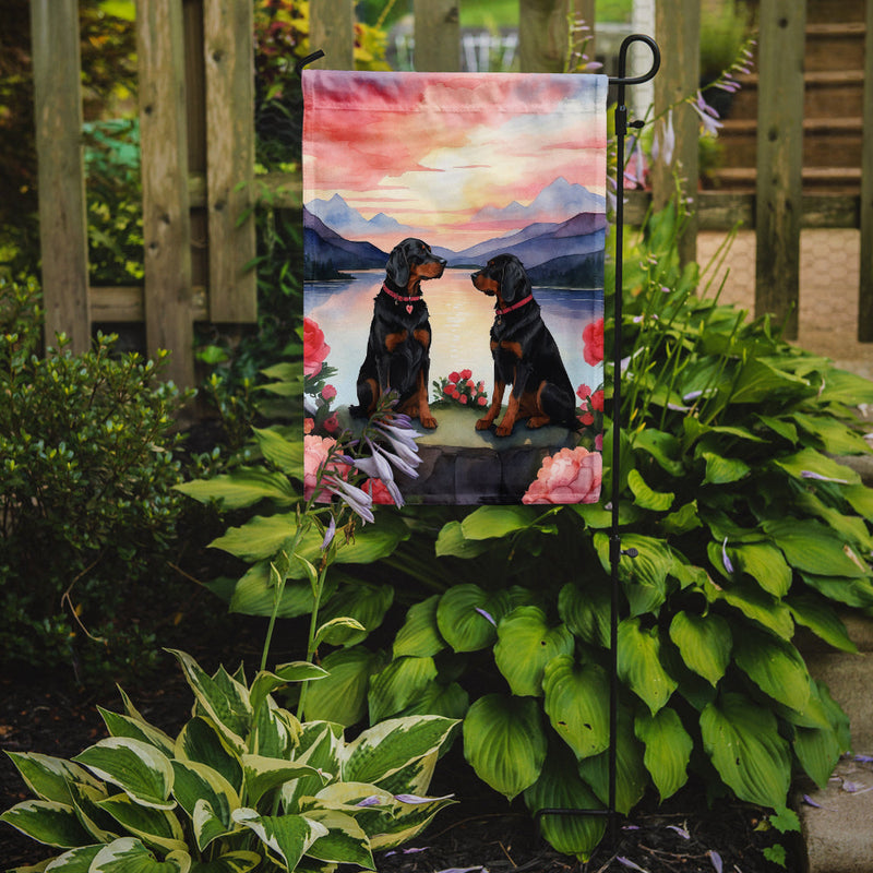 Gordon Setter Two Hearts Garden Flag –  Romantic Dog Pair with Sunset & Mountain Background
