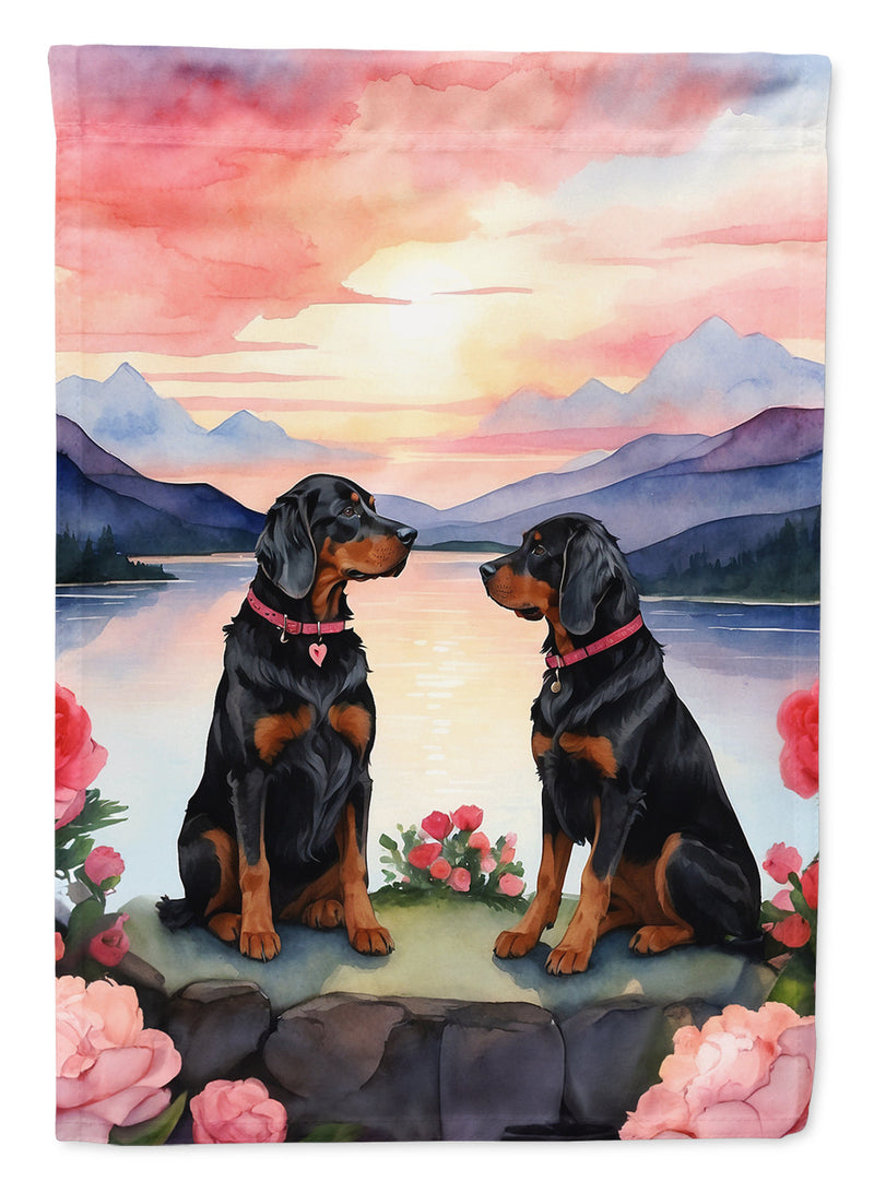 Gordon Setter Two Hearts Garden Flag –  Romantic Dog Pair with Sunset & Mountain Background