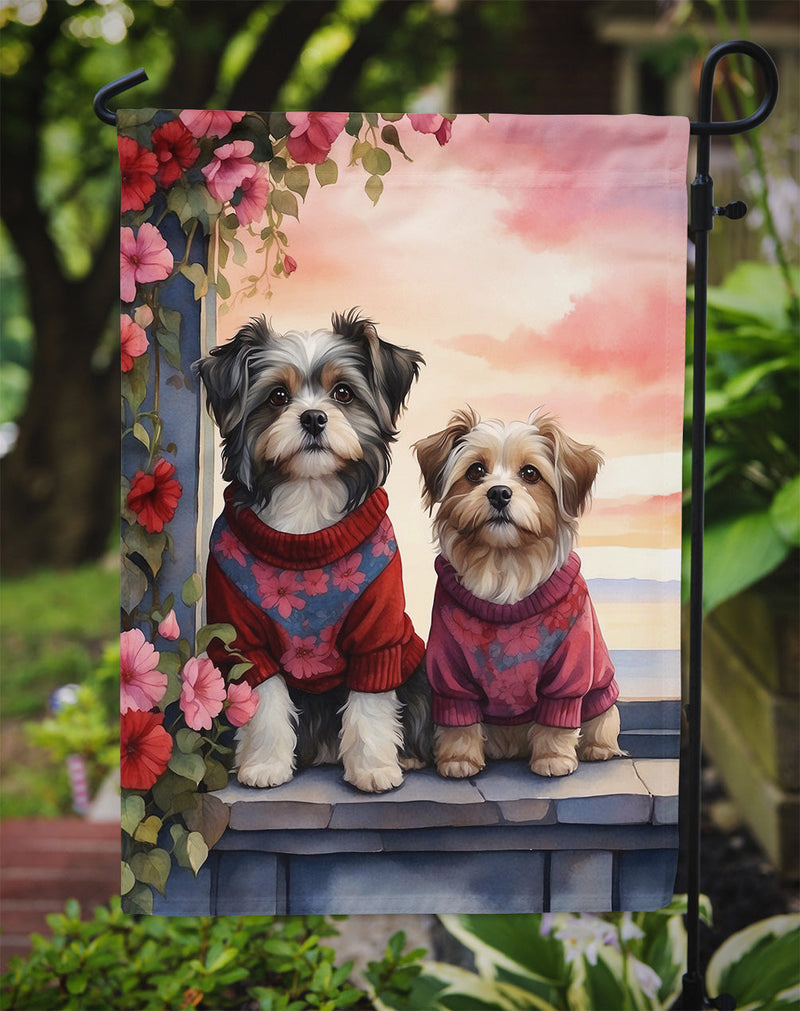 Havanese Two Hearts Garden Flag –  Romantic Dog Pair with Sunset & Mountain Background