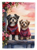 Havanese Two Hearts Garden Flag –  Romantic Dog Pair with Sunset & Mountain Background
