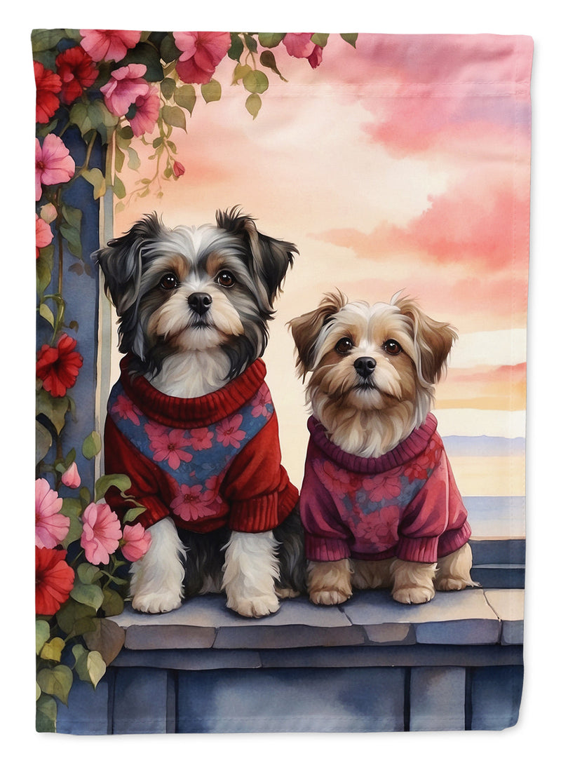 Havanese Two Hearts Garden Flag –  Romantic Dog Pair with Sunset & Mountain Background
