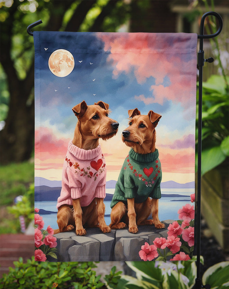 Irish Terrier Two Hearts Garden Flag –  Romantic Dog Pair with Sunset & Mountain Background