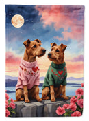 Irish Terrier Two Hearts Garden Flag –  Romantic Dog Pair with Sunset & Mountain Background