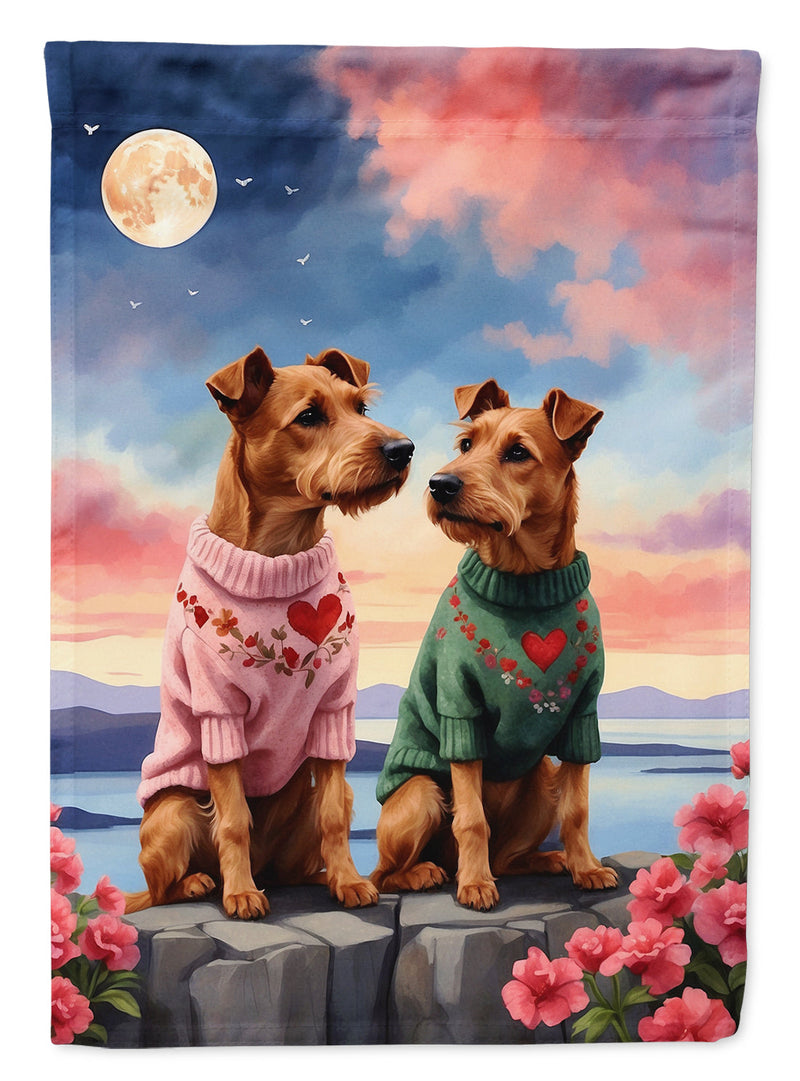 Irish Terrier Two Hearts Garden Flag –  Romantic Dog Pair with Sunset & Mountain Background