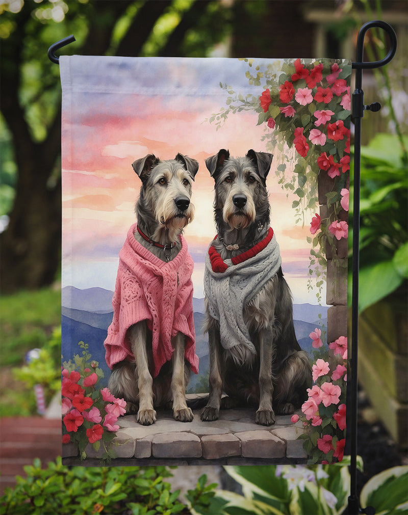 Irish Wolfhound Two Hearts Garden Flag –  Romantic Dog Pair with Sunset & Mountain Background