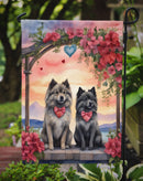 Keeshond Two Hearts Garden Flag –  Romantic Dog Pair with Sunset & Mountain Background