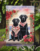 Black Labrador Retriever Two Hearts Garden Flag –  Romantic Dog Pair with Sunset & Mountain Background