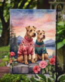 Lakeland Terrier Two Hearts Garden Flag –  Romantic Dog Pair with Sunset & Mountain Background