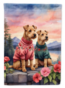 Lakeland Terrier Two Hearts Garden Flag –  Romantic Dog Pair with Sunset & Mountain Background