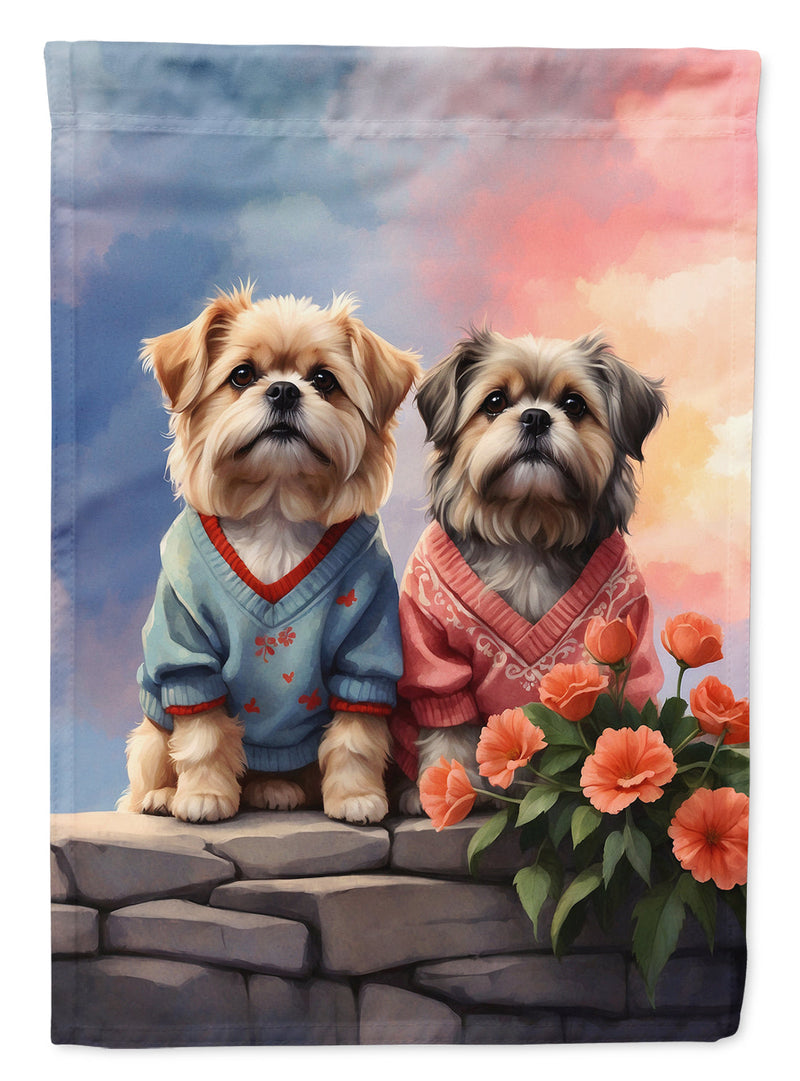 Lhasa Apso Two Hearts Garden Flag –  Romantic Dog Pair with Sunset & Mountain Background