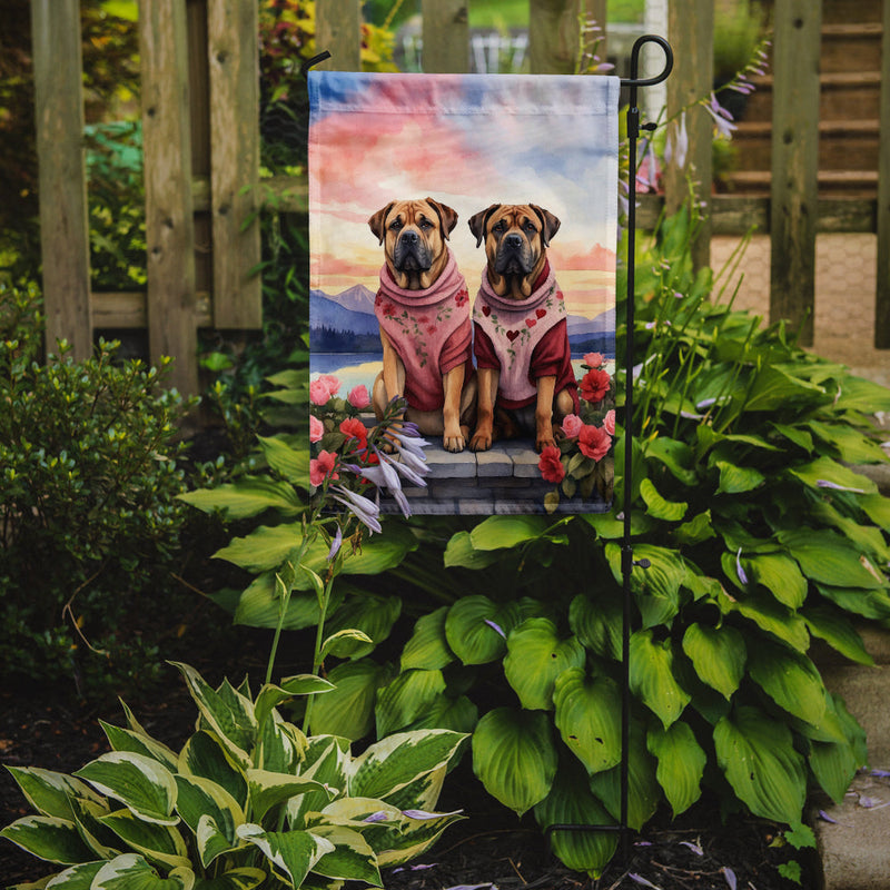 Mastiff Two Hearts Garden Flag –  Romantic Dog Pair with Sunset & Mountain Background