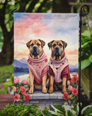 Mastiff Two Hearts Garden Flag –  Romantic Dog Pair with Sunset & Mountain Background