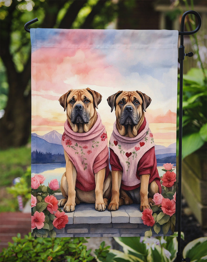 Mastiff Two Hearts Garden Flag –  Romantic Dog Pair with Sunset & Mountain Background