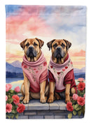 Mastiff Two Hearts Garden Flag –  Romantic Dog Pair with Sunset & Mountain Background