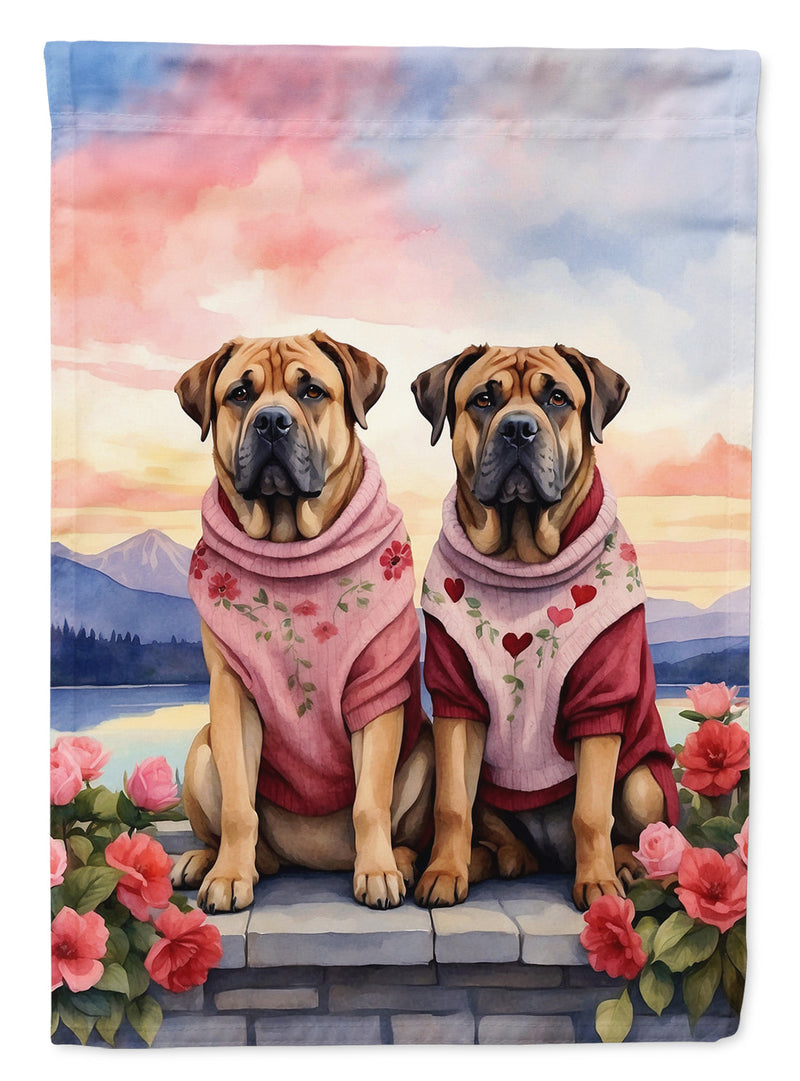 Mastiff Two Hearts Garden Flag –  Romantic Dog Pair with Sunset & Mountain Background