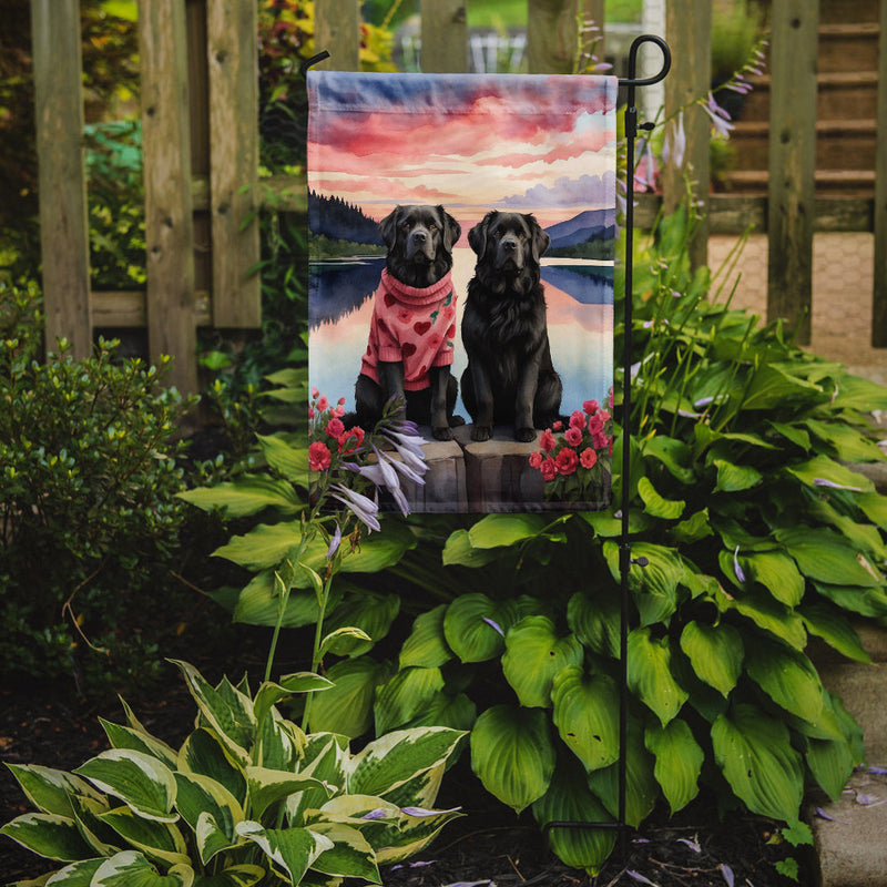 Newfoundland Two Hearts Garden Flag –  Romantic Dog Pair with Sunset & Mountain Background