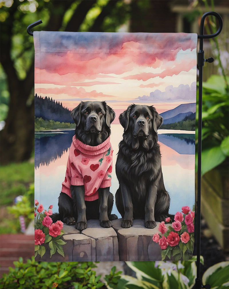 Newfoundland Two Hearts Garden Flag –  Romantic Dog Pair with Sunset & Mountain Background
