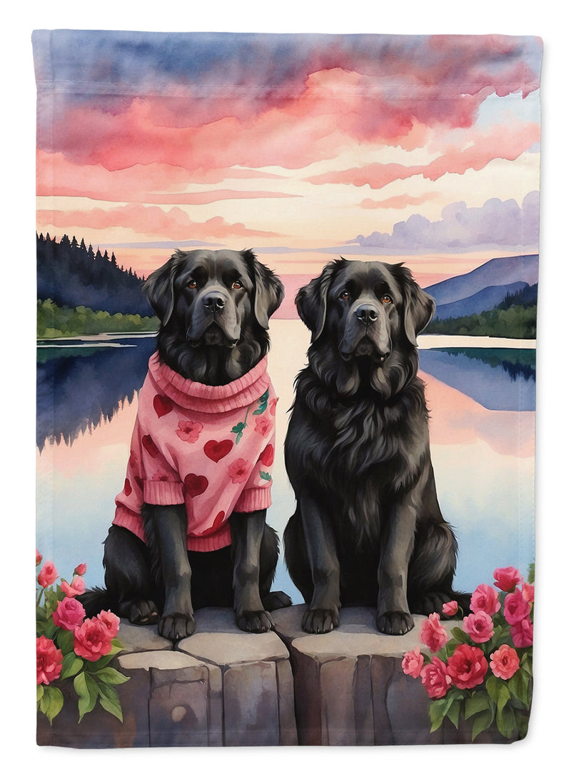 Newfoundland Two Hearts Garden Flag –  Romantic Dog Pair with Sunset & Mountain Background