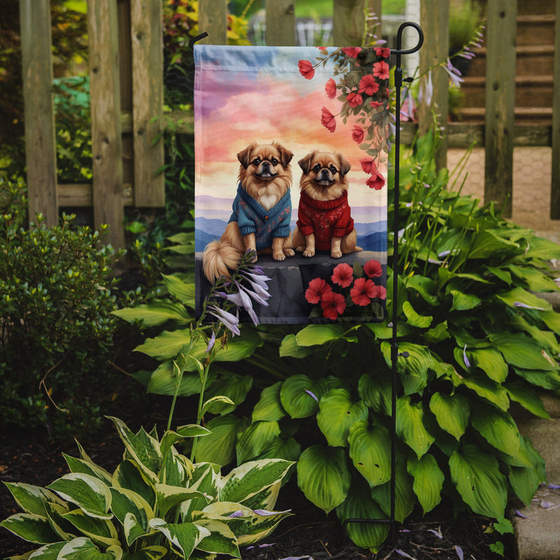 Pekingese Two Hearts Garden Flag –  Romantic Dog Pair with Sunset & Mountain Background