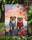 Pekingese Two Hearts Garden Flag –  Romantic Dog Pair with Sunset & Mountain Background
