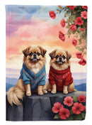Pekingese Two Hearts Garden Flag –  Romantic Dog Pair with Sunset & Mountain Background