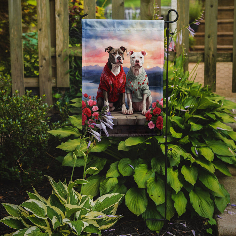 Pit Bull Terrier Two Hearts Garden Flag –  Romantic Dog Pair with Sunset & Mountain Background
