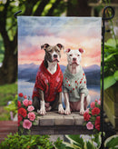 Pit Bull Terrier Two Hearts Garden Flag –  Romantic Dog Pair with Sunset & Mountain Background