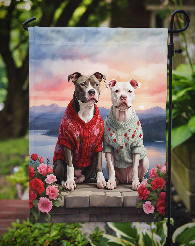 Pit Bull Terrier Two Hearts Garden Flag –  Romantic Dog Pair with Sunset & Mountain Background