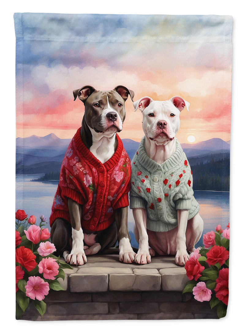 Pit Bull Terrier Two Hearts Garden Flag –  Romantic Dog Pair with Sunset & Mountain Background