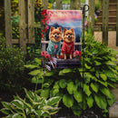 Pomeranian Two Hearts Garden Flag –  Romantic Dog Pair with Sunset & Mountain Background