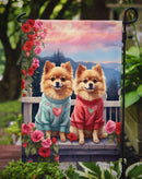 Pomeranian Two Hearts Garden Flag –  Romantic Dog Pair with Sunset & Mountain Background