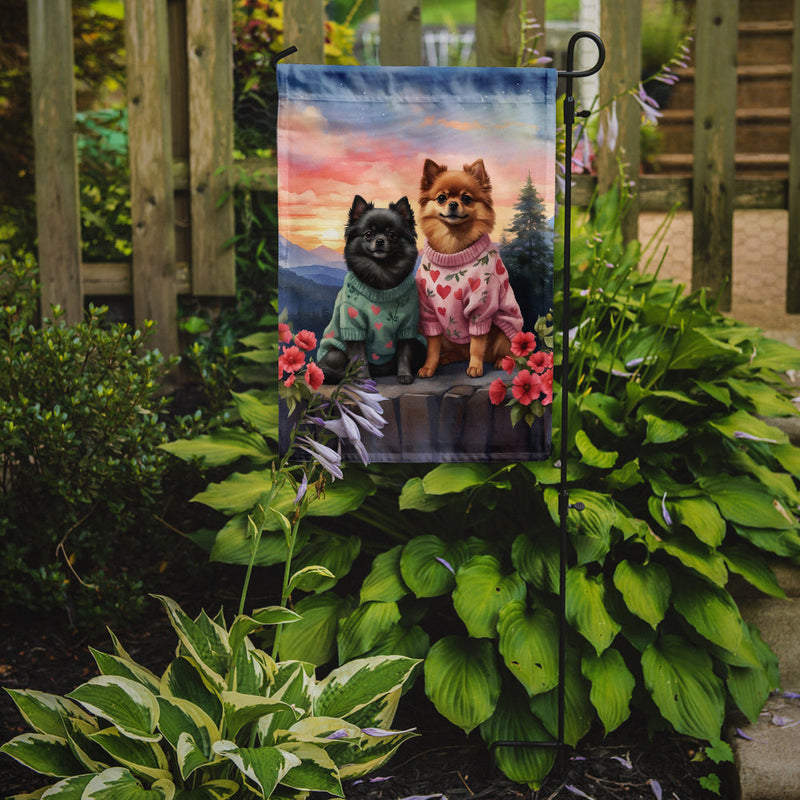 Pomeranian Two Hearts Garden Flag –  Romantic Dog Pair with Sunset & Mountain Background