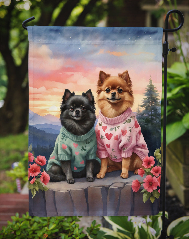 Pomeranian Two Hearts Garden Flag –  Romantic Dog Pair with Sunset & Mountain Background