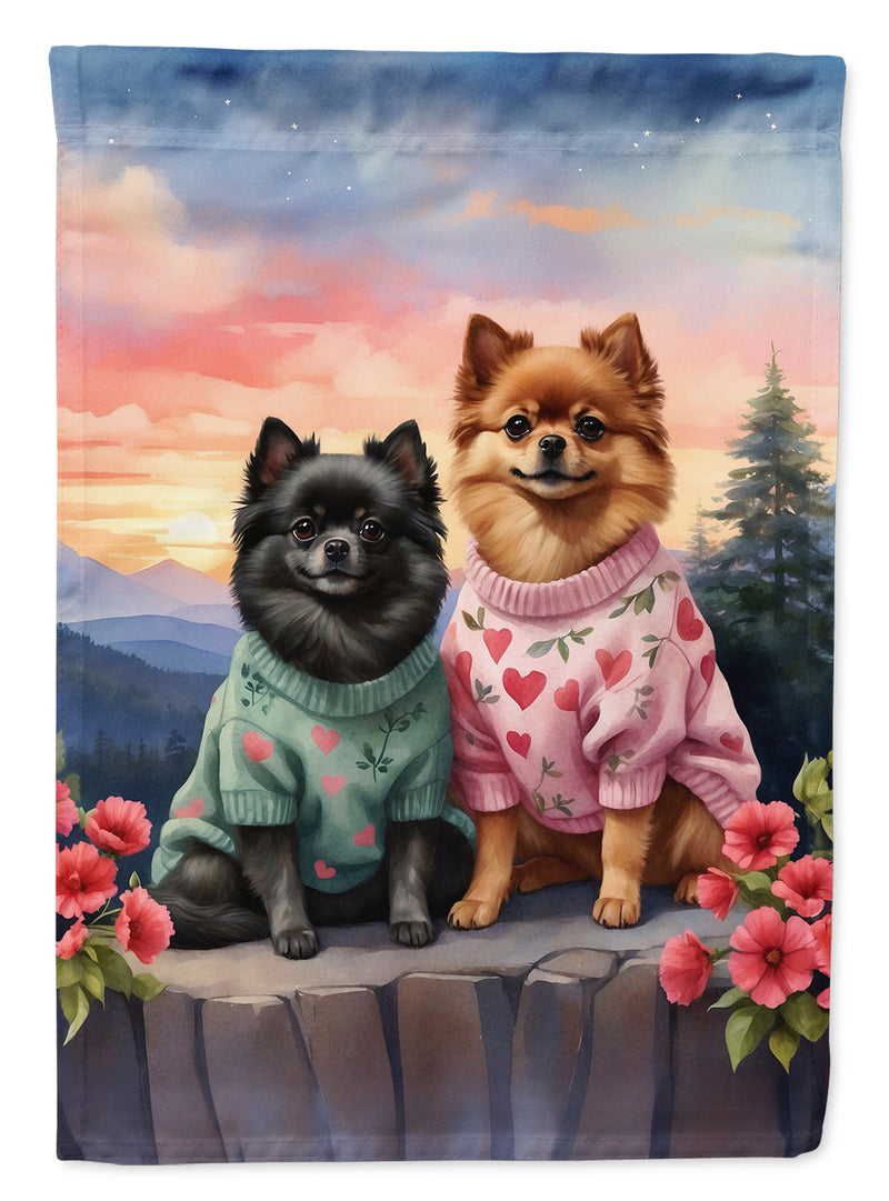 Pomeranian Two Hearts Garden Flag –  Romantic Dog Pair with Sunset & Mountain Background