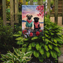 Pug Two Hearts Garden Flag –  Romantic Dog Pair with Sunset & Mountain Background