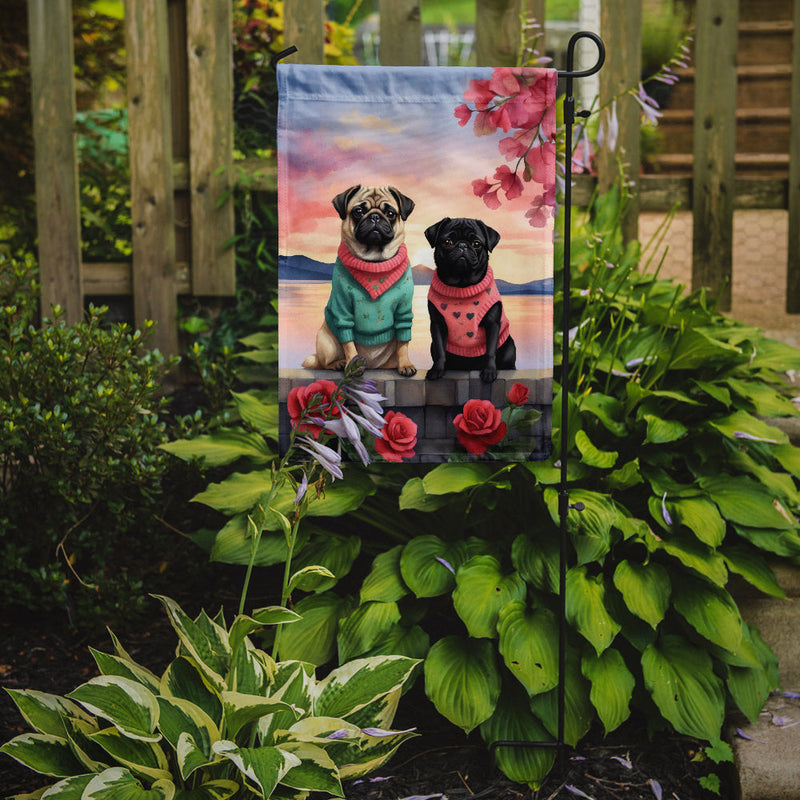 Pug Two Hearts Garden Flag –  Romantic Dog Pair with Sunset & Mountain Background