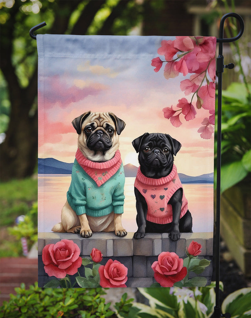 Pug Two Hearts Garden Flag –  Romantic Dog Pair with Sunset & Mountain Background