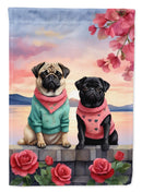 Pug Two Hearts Garden Flag –  Romantic Dog Pair with Sunset & Mountain Background