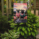 Pug Two Hearts Garden Flag –  Romantic Dog Pair with Sunset & Mountain Background
