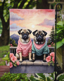 Pug Two Hearts Garden Flag –  Romantic Dog Pair with Sunset & Mountain Background