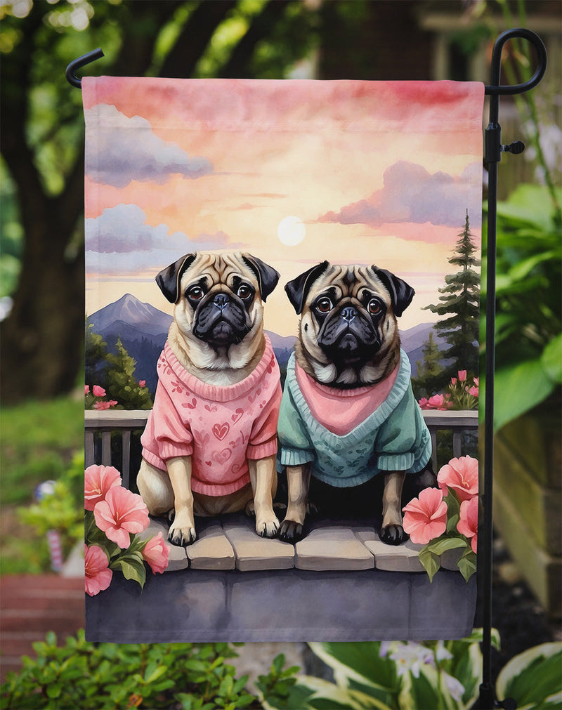 Pug Two Hearts Garden Flag –  Romantic Dog Pair with Sunset & Mountain Background