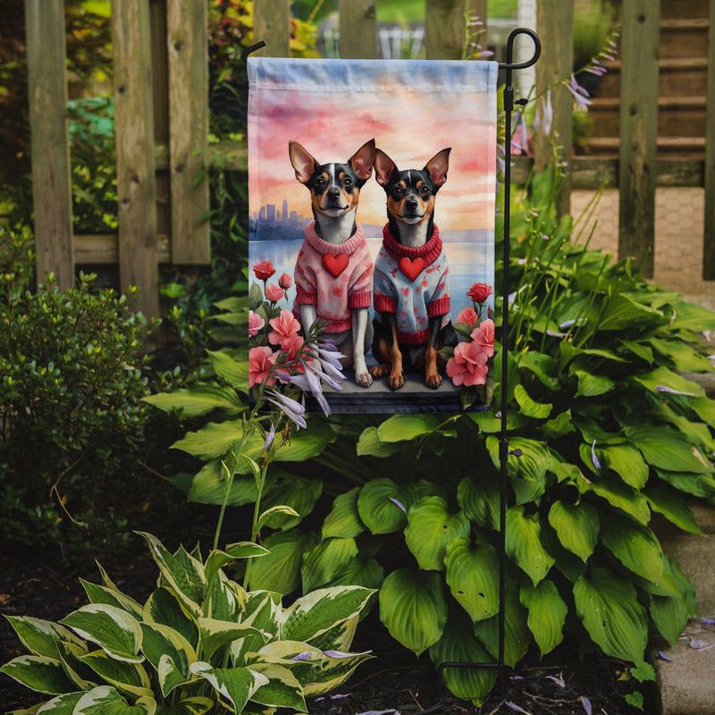 Rat Terrier Two Hearts Garden Flag –  Romantic Dog Pair with Sunset & Mountain Background