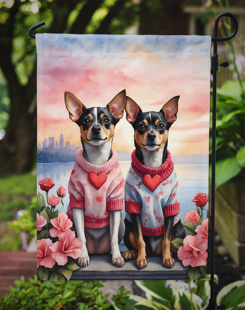 Rat Terrier Two Hearts Garden Flag –  Romantic Dog Pair with Sunset & Mountain Background