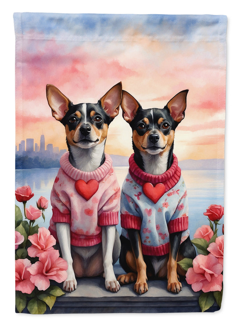 Rat Terrier Two Hearts Garden Flag –  Romantic Dog Pair with Sunset & Mountain Background