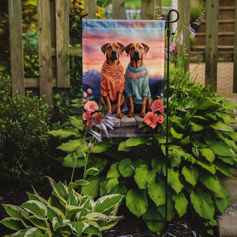 Rhodesian Ridgeback Two Hearts Garden Flag –  Romantic Dog Pair with Sunset & Mountain Background