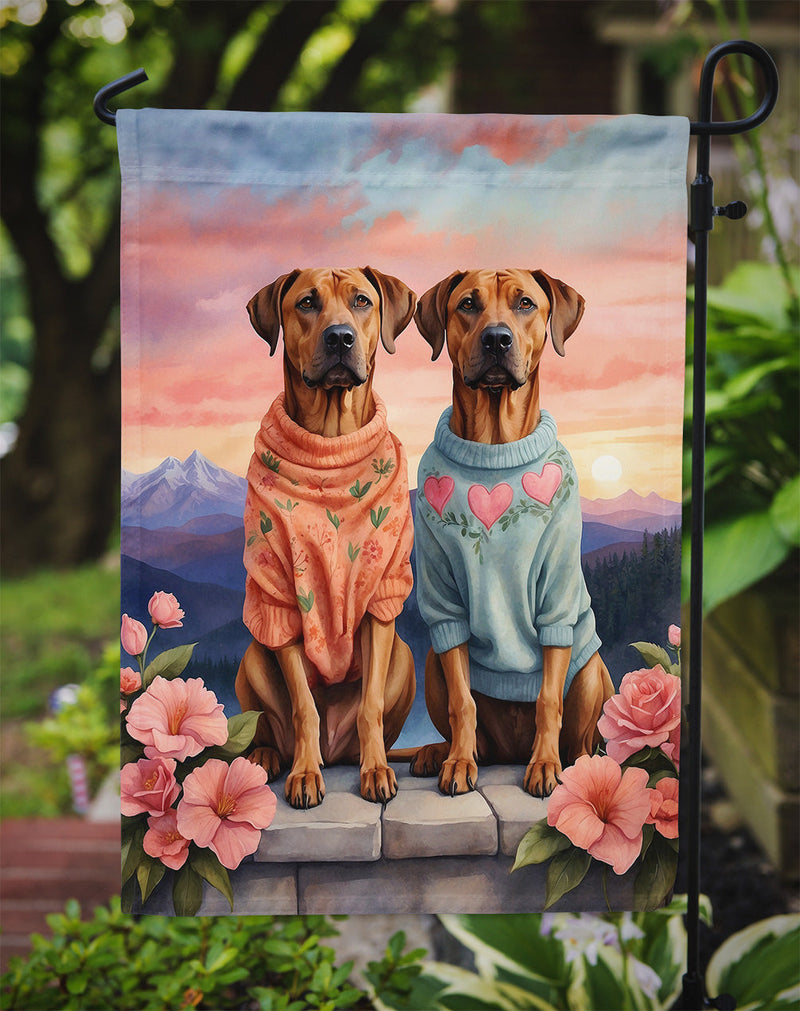 Rhodesian Ridgeback Two Hearts Garden Flag –  Romantic Dog Pair with Sunset & Mountain Background