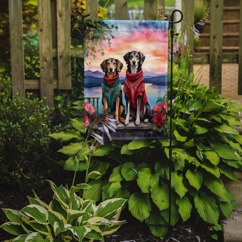 Saluki Two Hearts Garden Flag –  Romantic Dog Pair with Sunset & Mountain Background