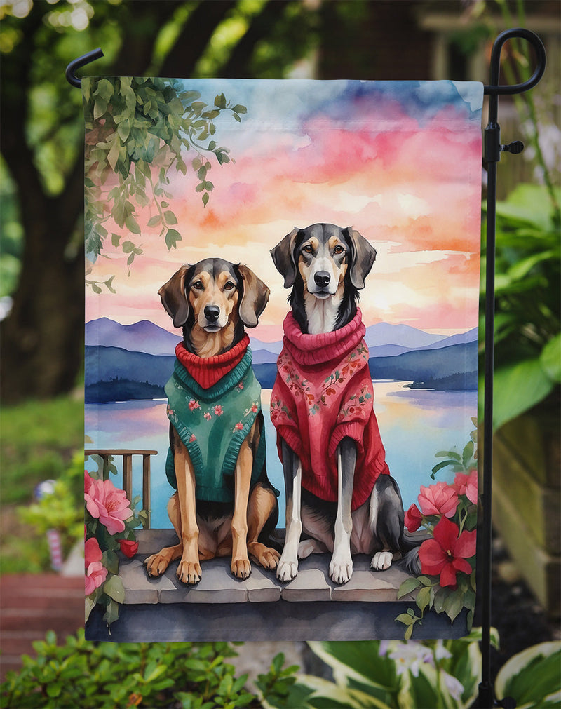Saluki Two Hearts Garden Flag –  Romantic Dog Pair with Sunset & Mountain Background