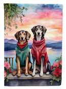 Saluki Two Hearts Garden Flag –  Romantic Dog Pair with Sunset & Mountain Background