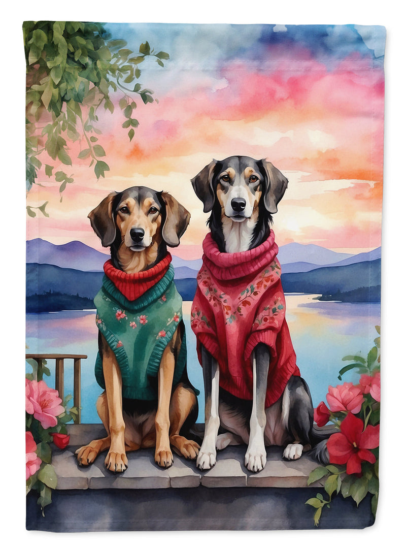 Saluki Two Hearts Garden Flag –  Romantic Dog Pair with Sunset & Mountain Background